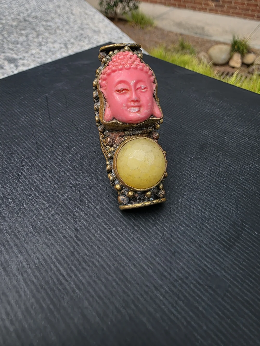 Pink Buddha Statement Ring with Yellow Stone